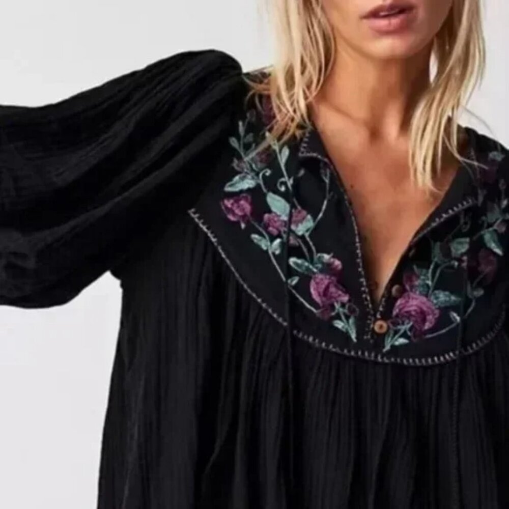 Free People Rosa Linda Embroidered Mini Dress Black NWOT Size XS
